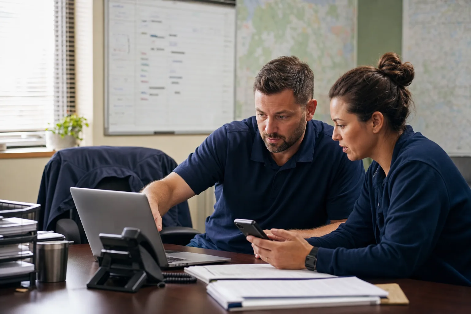 Home service owner and dispatcher reviewing the day's schedule