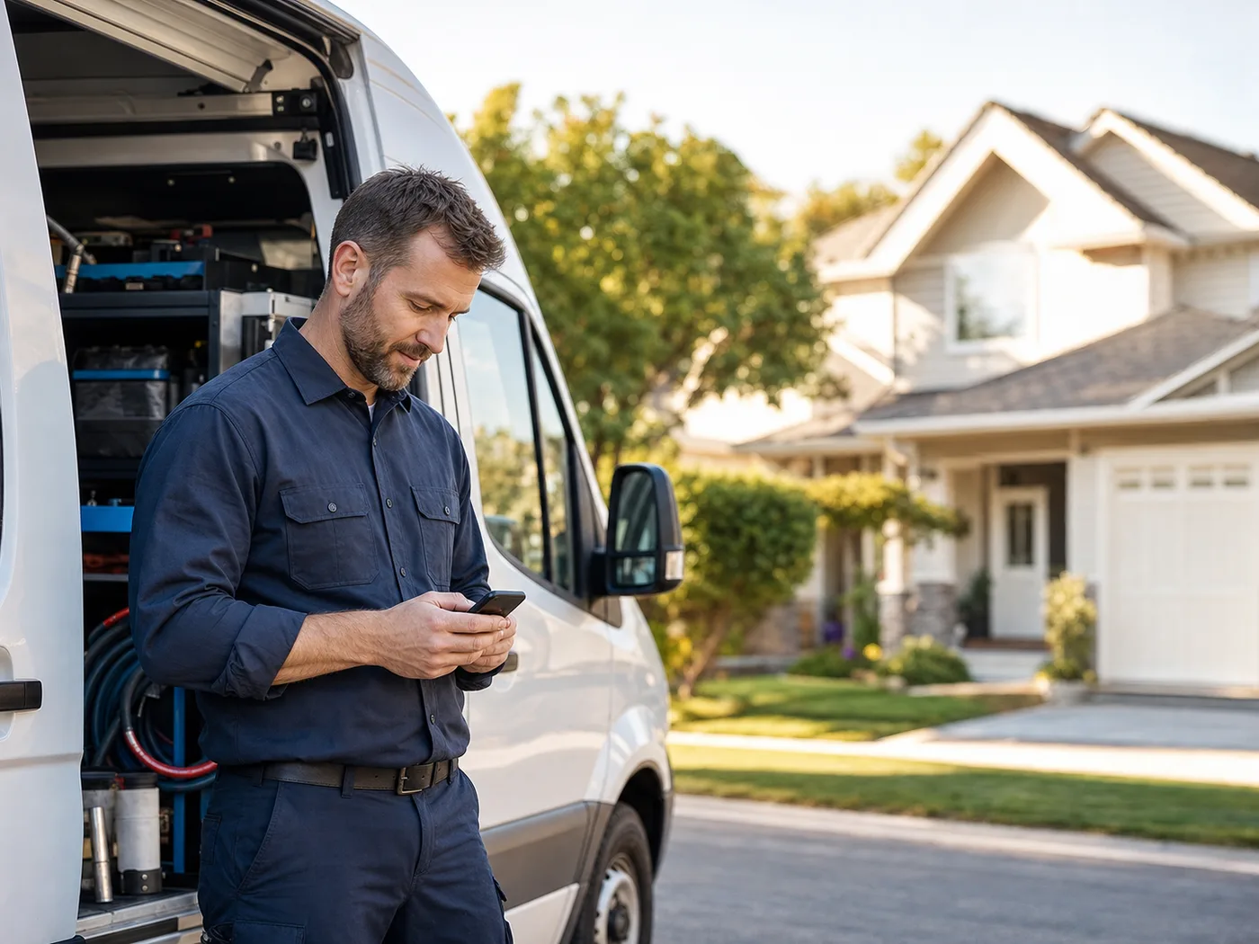 Home service technician receiving the next job